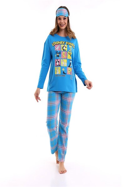 Mavi Uyku Bantlı Baskılı Salaş Uzunkol Kadın Pijama Takımı