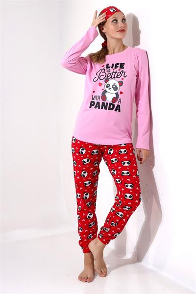 Pembe Uyku Bantlı Panda Baskılı Kadın Uzun Kol Pijama Takımı