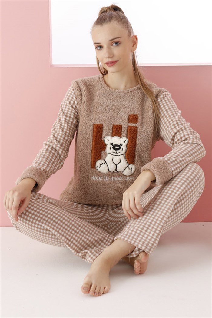 Bej Hi Ayıcık Desenli Polar Kadın Uzun Kol Pijama Takımı