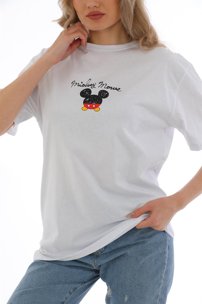 Beyaz Mickey Mouse Baskılı Oversize Kadın T-Shirt