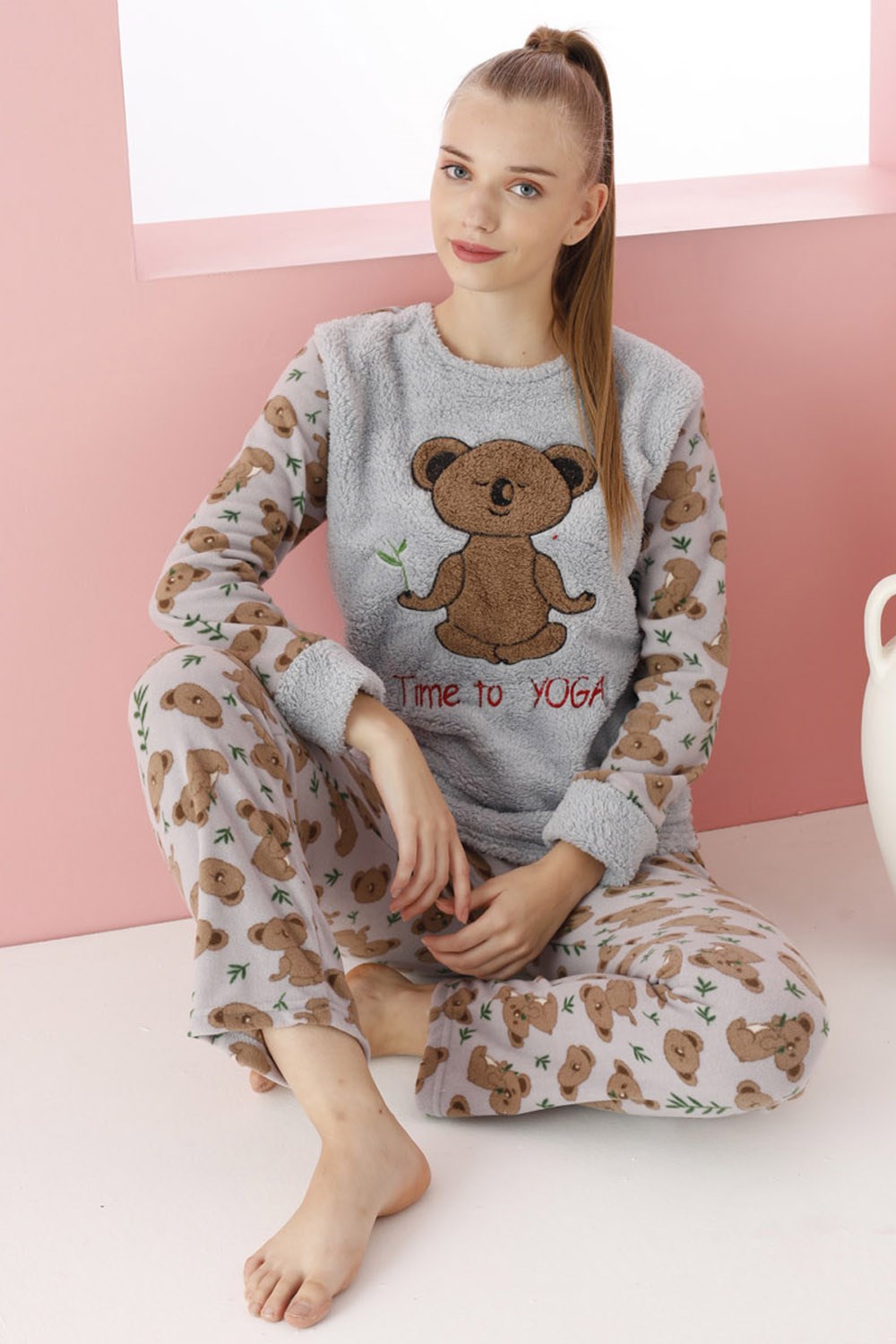 Grı Koala Desenli Polar Kadın Uzun Kol Pijama Takımı - Binbirbutik