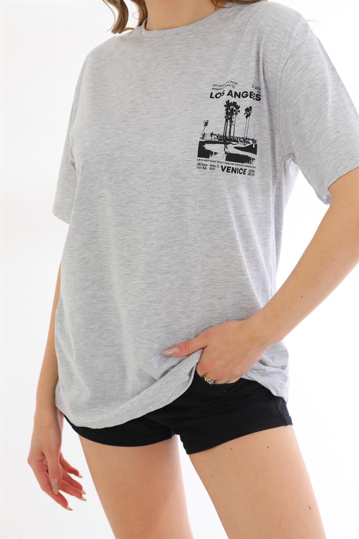 Gri Los Angeles Baskılı Oversize Kadın T-Shirt
