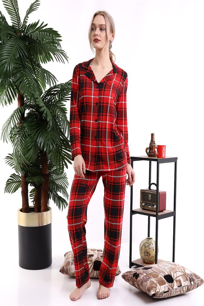 Kırmızı Kadın Düğmeli Ekoseli Pijama Takımı