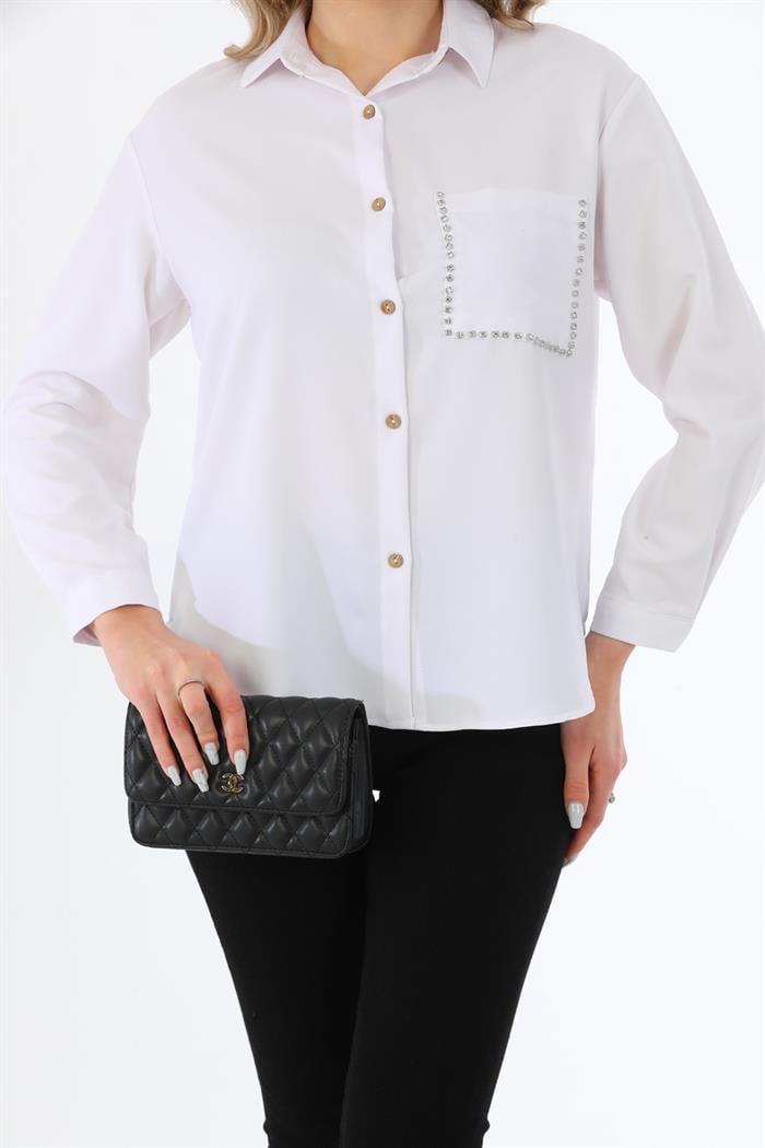 Taş Detay Cepli Double Kumaş Beyaz Kadın Gömlek