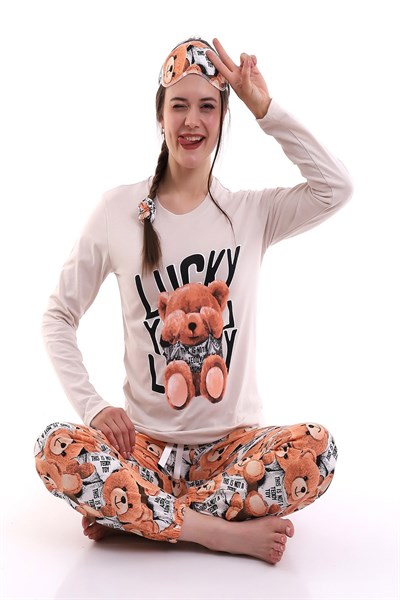 Bej Uyku Bantlı Lucky Baskılı Kadın Uzun Kol Pijama Takımı