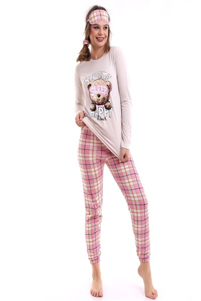 Bej Uyku Bantlı Nap Time Kadın Uzun Kol Pijama Takımı