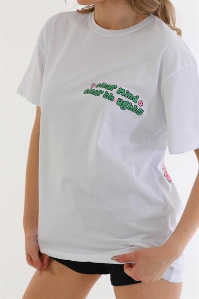 Beyaz Baskılı Oversize Kadın T-Shirt