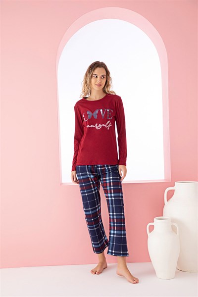 Bordo Uyku Bantlı Love Baskılı Ekoseli Kadın Uzun Kol Pijama Takımı