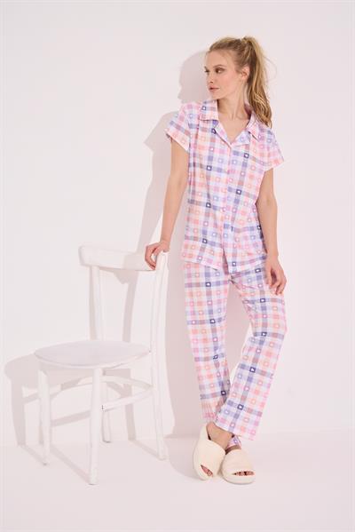 Ekoseli Rotasyon Baskılı Düğmeli Pijama Takımı