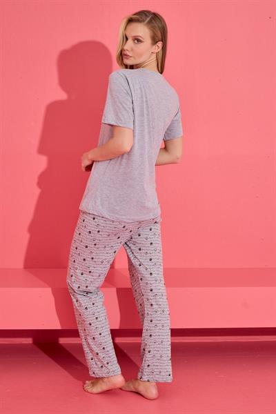 Gri Nakışlı Üç Düğmeli Viskon Kadın  Pijama Takımı