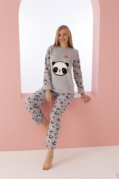 Gri Panda Desenli Polar Kadın Uzun Kol Pijama Takımı