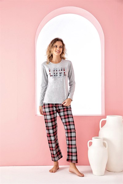 Gri Uyku Bantlı Baskılı Ekoseli Kadın Uzun Kol Pijama Takımı