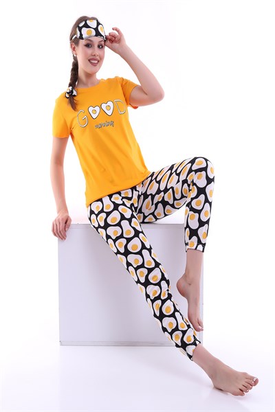 Hardal Uyku Bantlı Good Morning Baskılı Kadın Kısa Kol Pijama Takımı