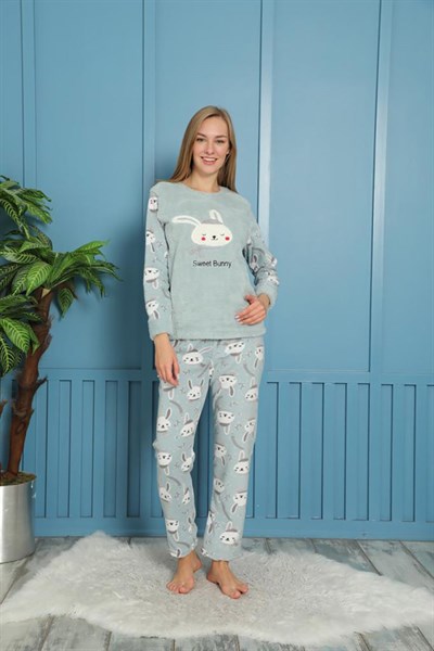 Mint Tavşan Desenli Polar Kadın Uzun Kol Pijama Takımı