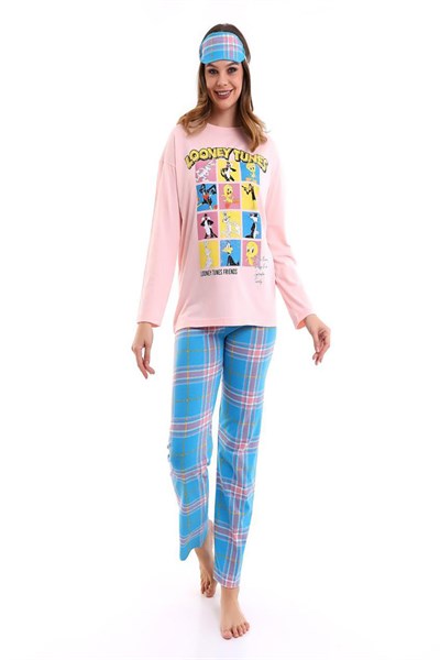 Pembe Uyku Bantlı Baskılı Salaş Uzunkol Kadın Pijama Takımı