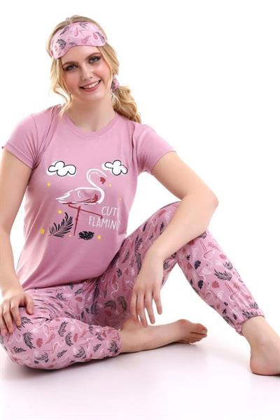 Pembe Uyku Bantlı Flamingo Baskılı Kadın Kısa Kol Pijama Takımı