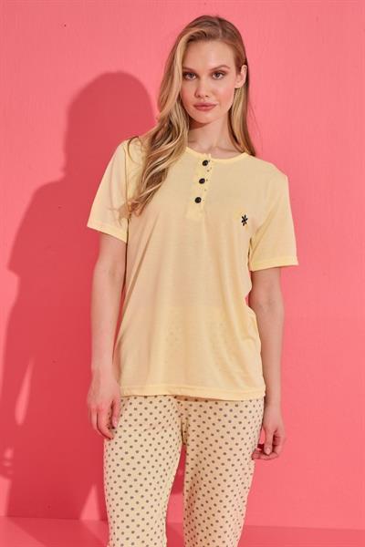 Sarı Nakışlı Üç Düğmeli Viskon Kadın  Pijama Takımı