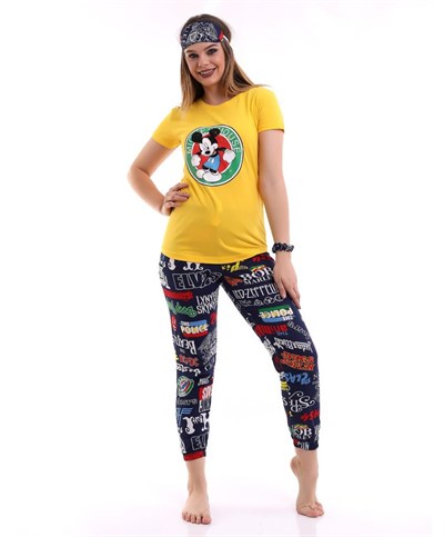 Sarı Uyku Bantlı Mickey Kadın Kısa Kol Pijama Takımı