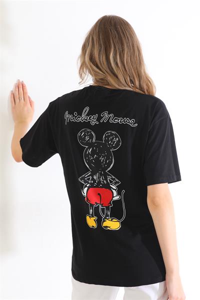 Siyah Mickey Mouse Baskılı Oversize Kadın T-Shirt