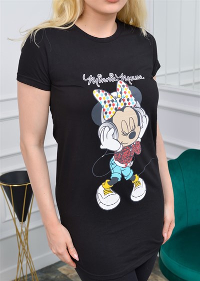 Siyah Minnie Mouse Baskılı Kadın Kısakol Tayt Tunik Takım