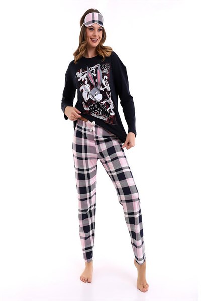 Siyah Uyku Bantlı Bugs Bunny Baskılı Salaş Uzunkol Kadın Pijama Takımı