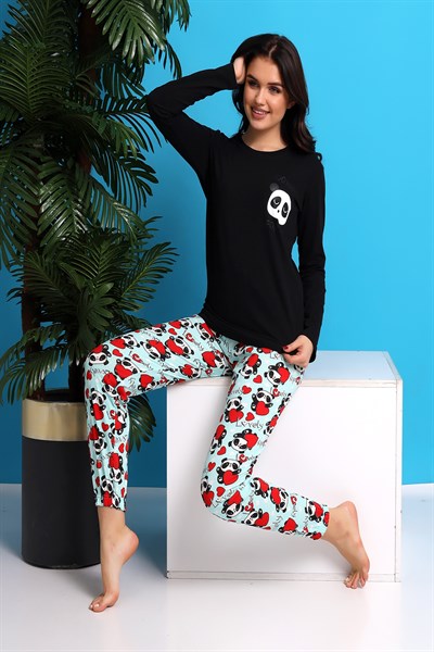 Siyah Uyku Bantlı Panda Baskılı Kadın Uzun Kol Pijama Takımı