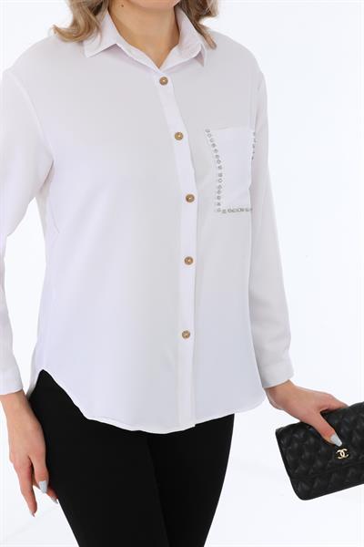 Taş Detay Cepli Double Kumaş Beyaz Kadın Gömlek