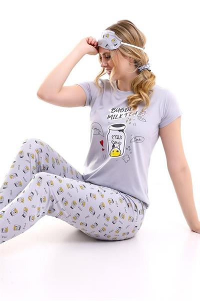 Uyku Bantlı Milk Baskılı Kadın Kısa Kol Pijama Takımı