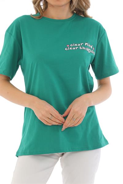 Yeşil Baskılı Oversize Kadın T-Shirt