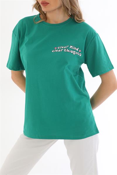 Yeşil Baskılı Oversize Kadın T-Shirt