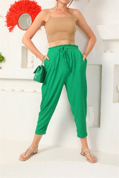 Yeşil Bürümcük Kumaş Bel Lastikli Salaş Kadın Pantolon