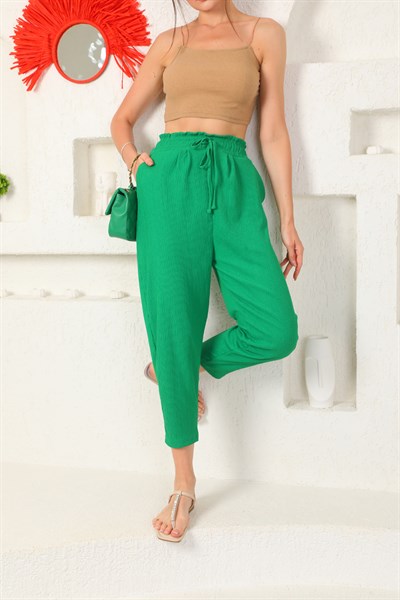 Yeşil Bürümcük Kumaş Bel Lastikli Salaş Kadın Pantolon