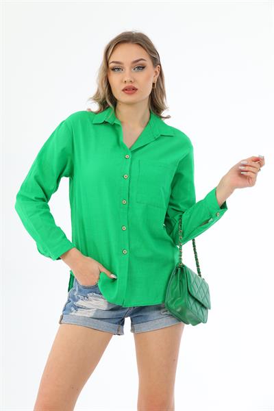 Yeşil Cepli Pamuk Keten Kadın Gömlek