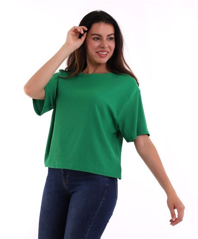 Yeşil Oversize Bürümcük Kumaş Kadın Tişört