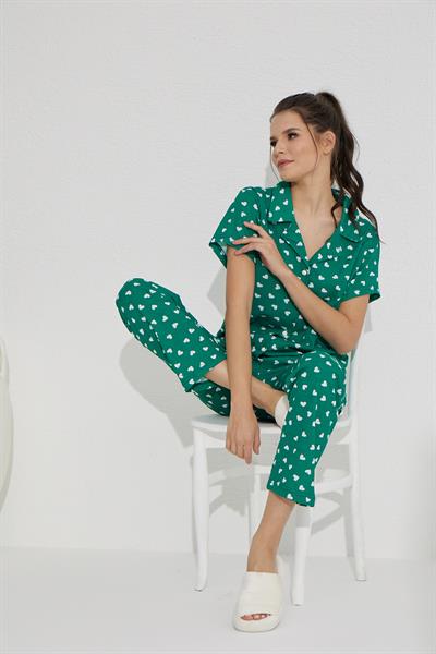 Yeşil Rotasyon Baskılı Düğmeli Pijama Takımı