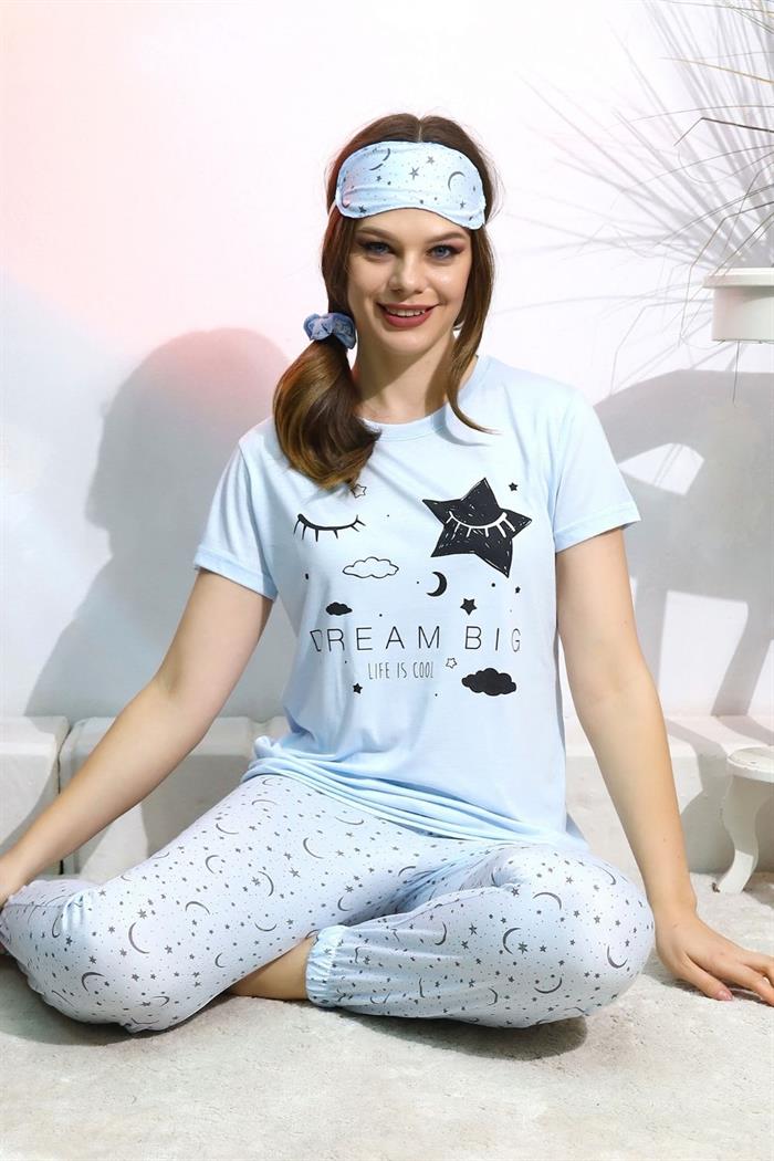 Uyku Bantlı Dream Big Baskılı Kadın Kısa Kol Pijama Takımı - Binbirbutik