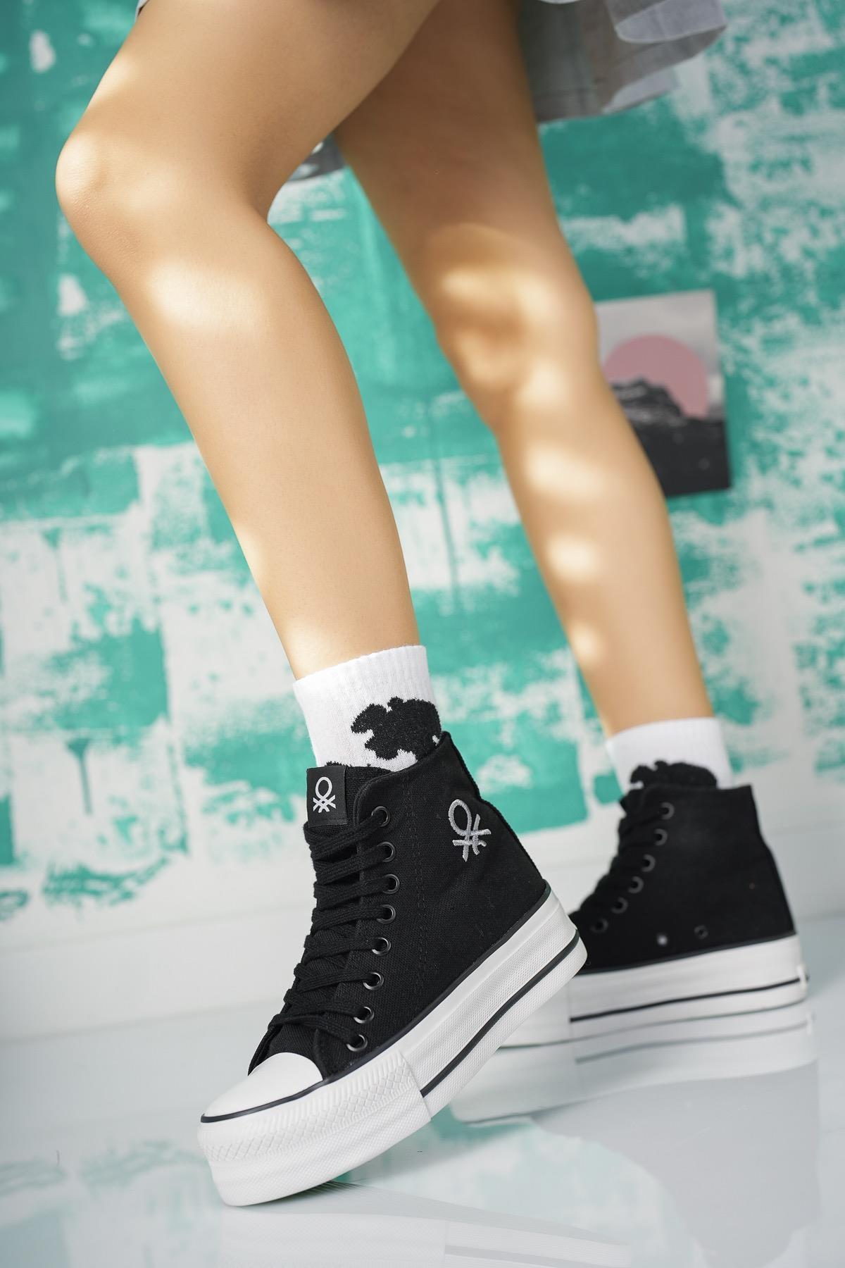 Benetton 30939 Siyah Kalın Taban Uzun Kadın Sneakers