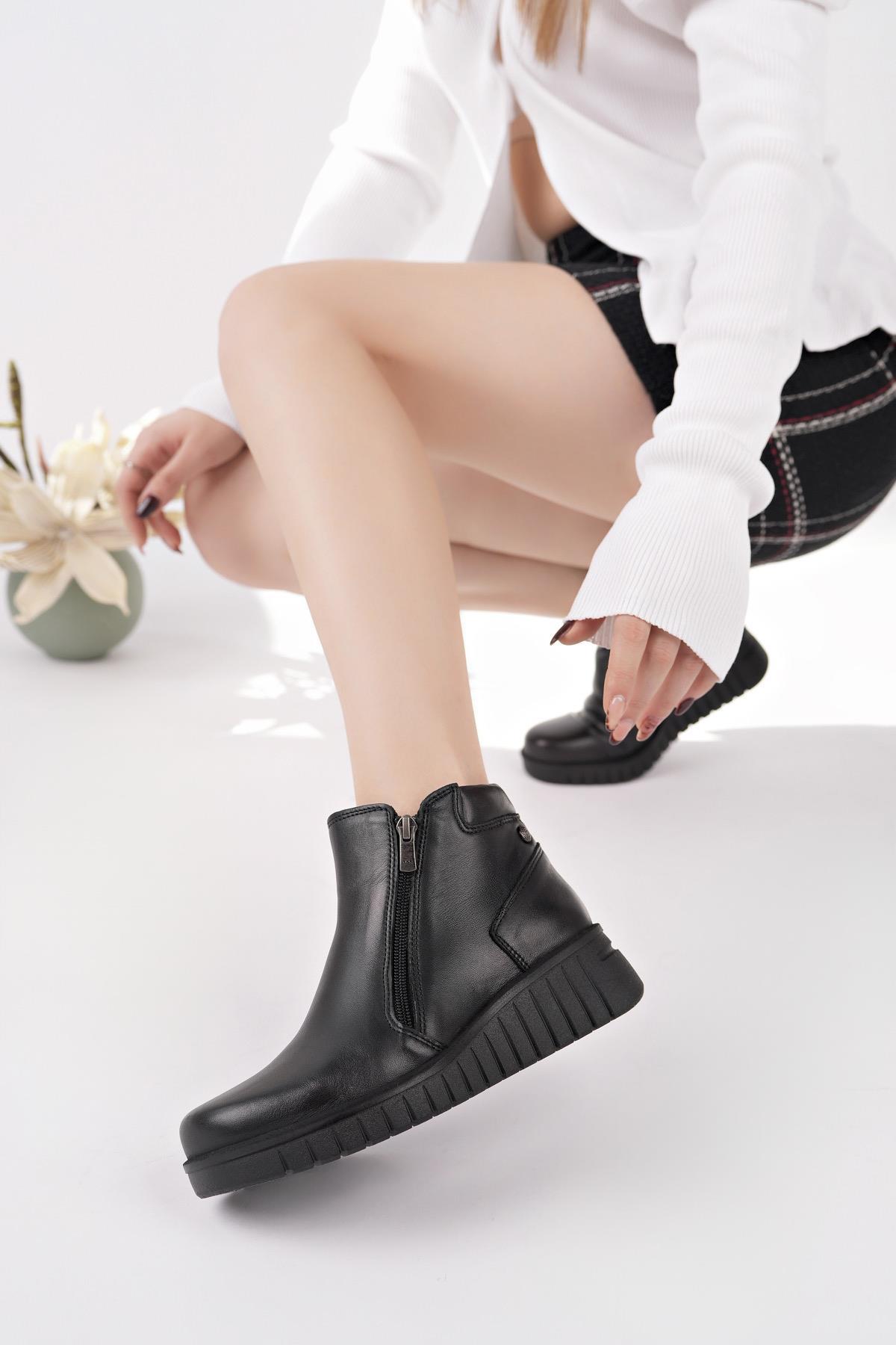 Mammamia D25KB 4060 Siyah Hakiki Deri Çift Fermuarlı Kadın Bot
