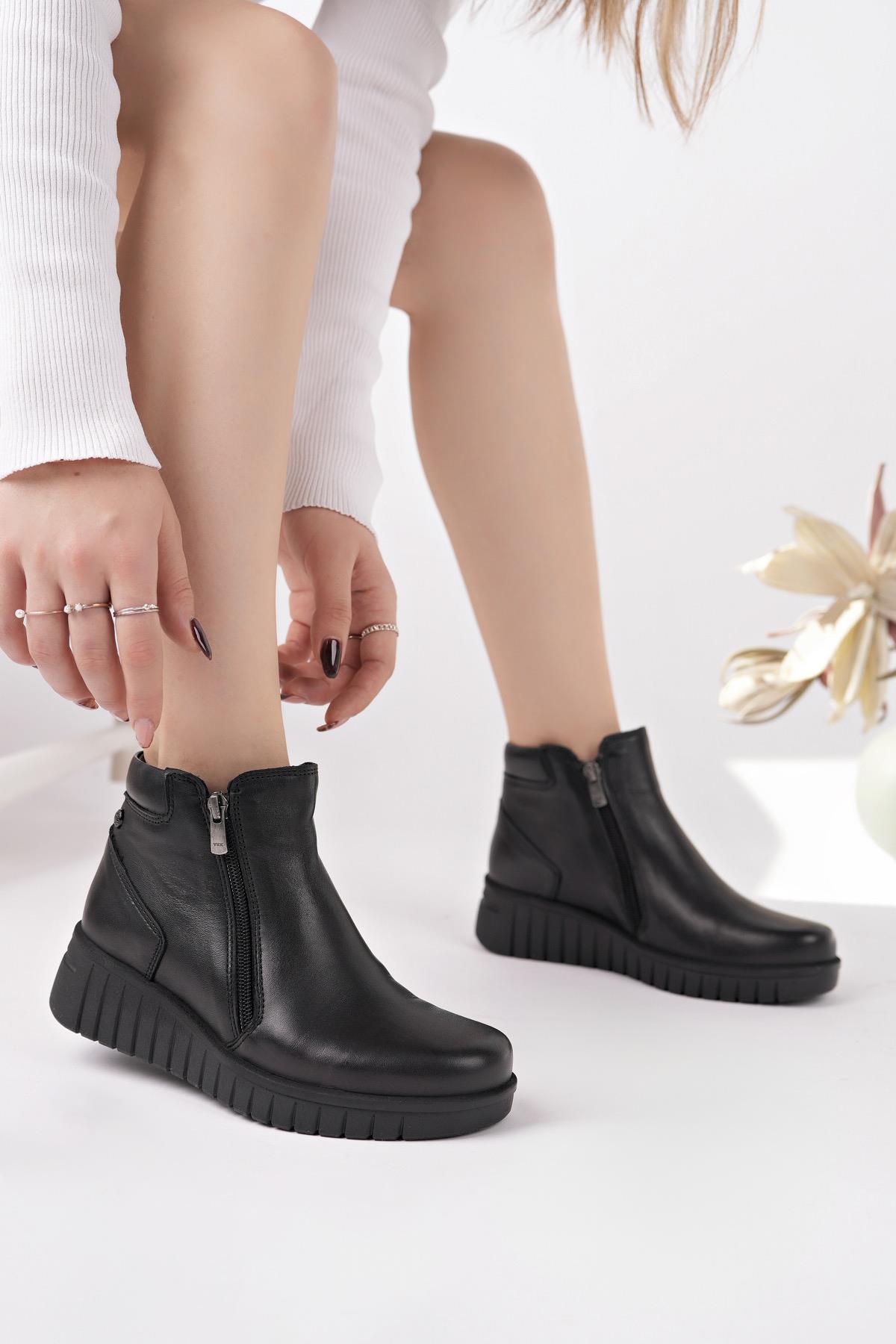 Mammamia D25KB 4060 Siyah Hakiki Deri Çift Fermuarlı Kadın Bot