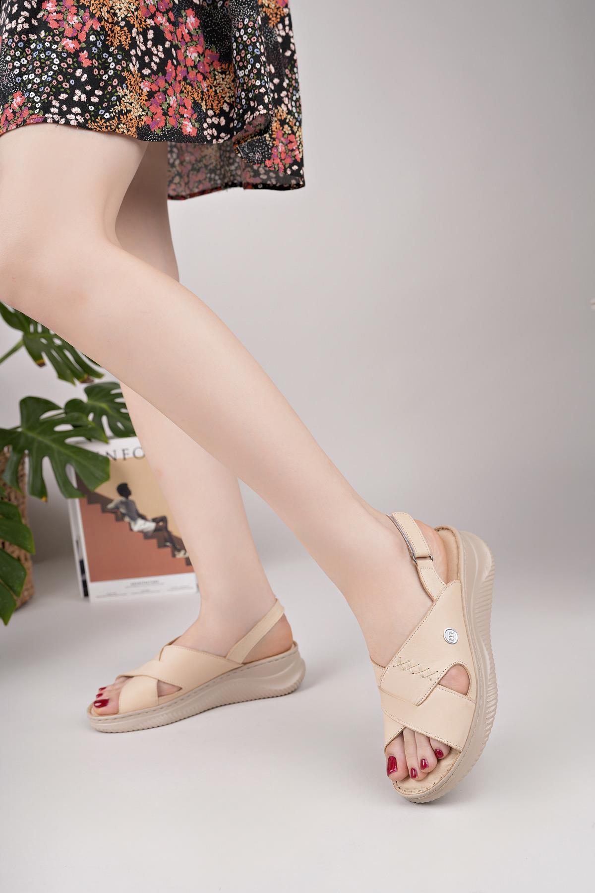 Mammamia D25YS 2855 Bej Hakiki Deri Kadın Sandalet