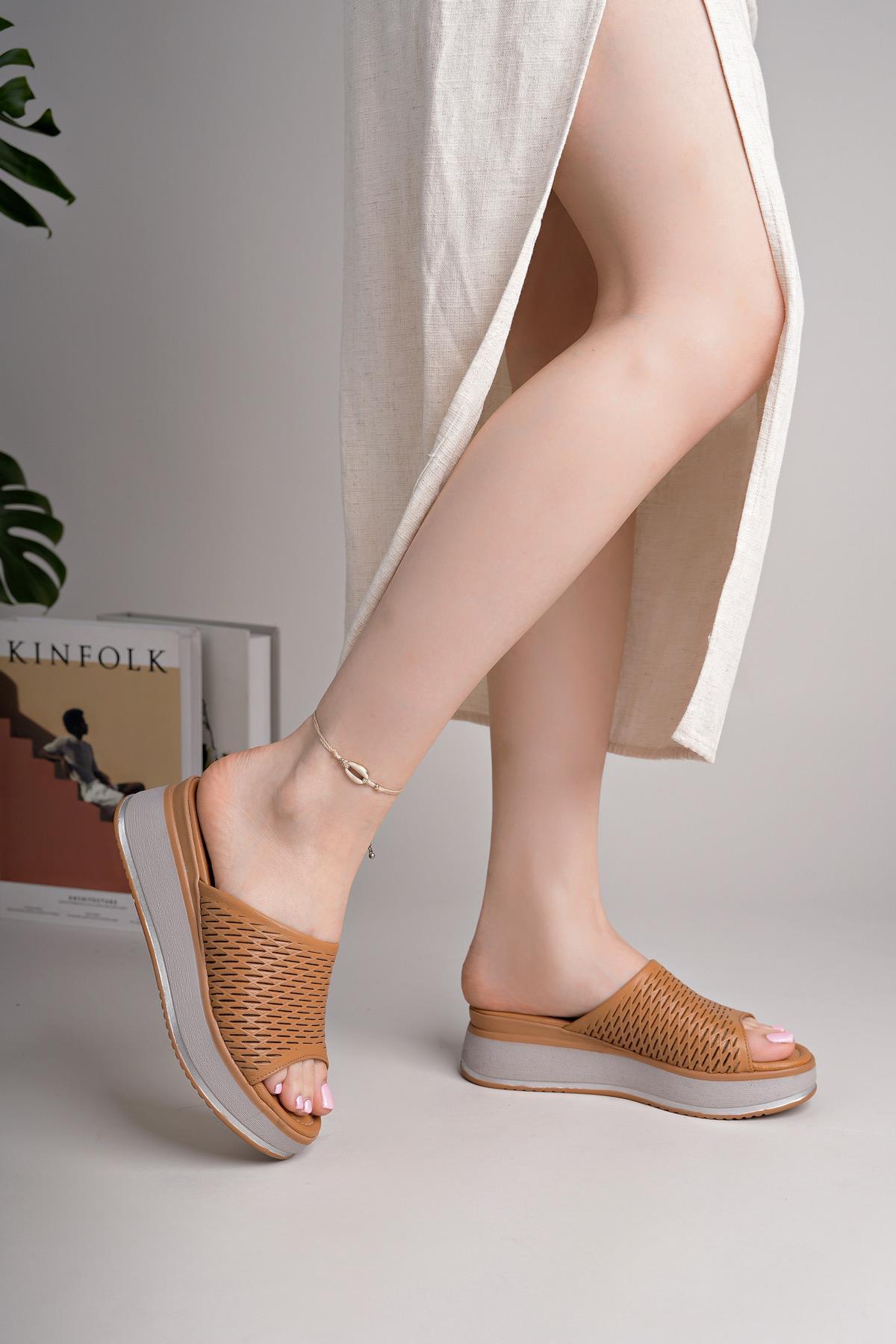 MyShoes 1800 Taba Hakiki Soft Deri Kadın Günlük Terlik