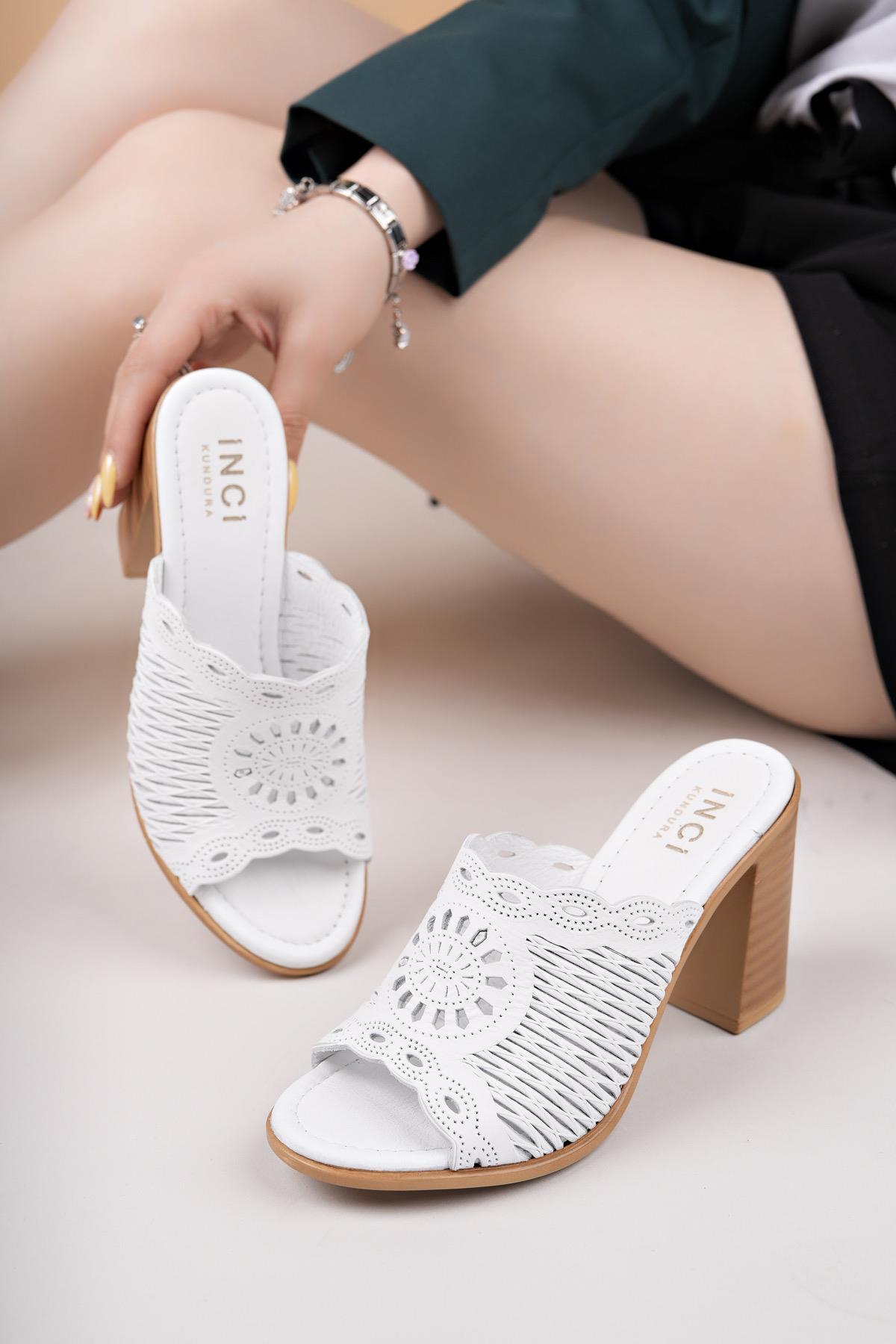 MyShoes 2200 Beyaz Hakiki Soft Deri Kadın Topuklu Terlik