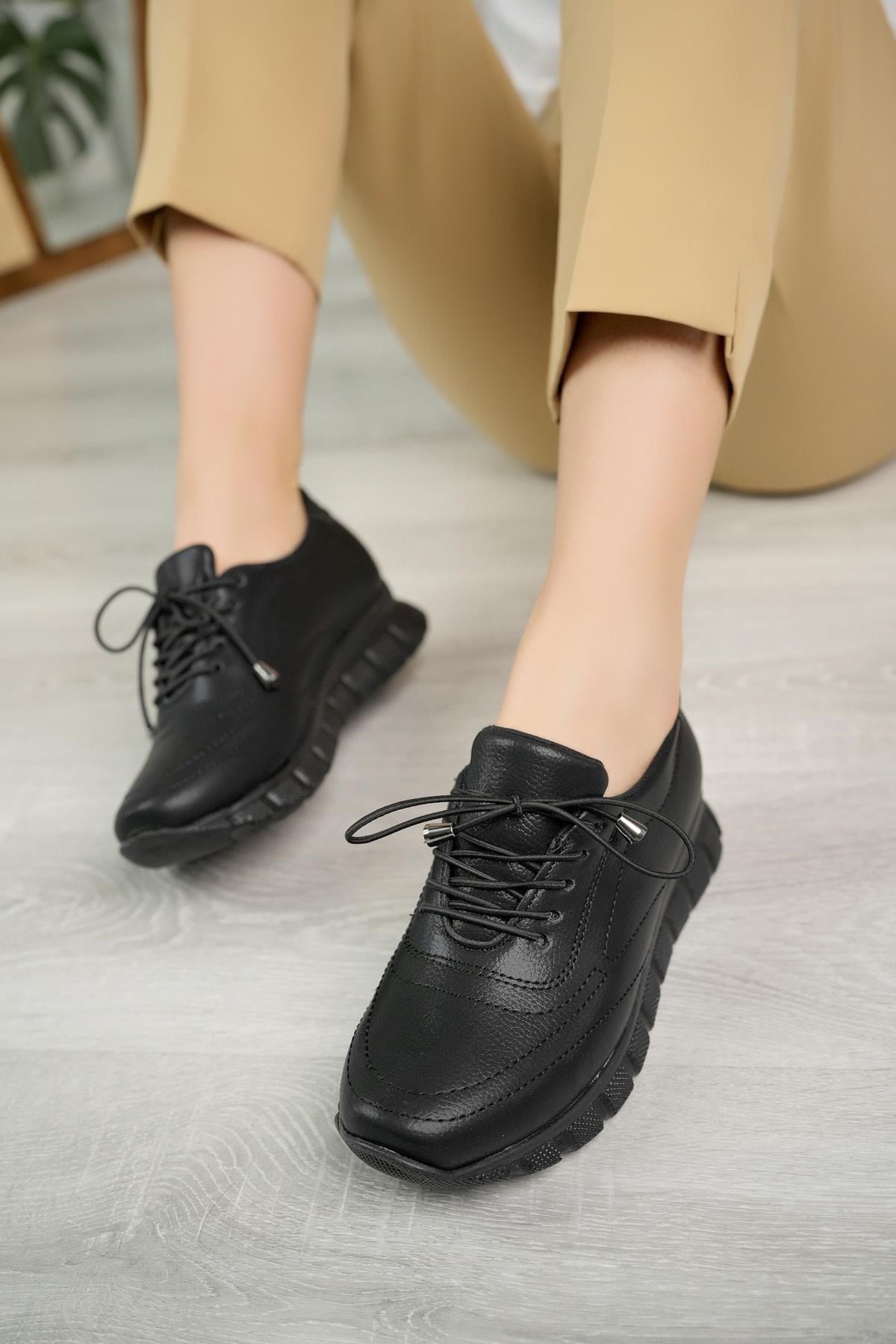 Nesil Shoes Acr 40 Siyah Simli Lastik Bağlı Kadın Ayakkabı