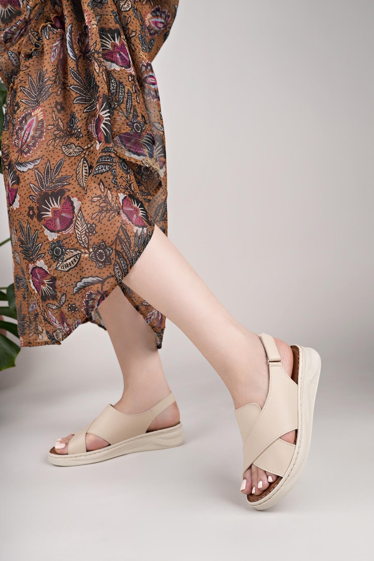 Nesil Shoes Bell 25164 Bej Anatomik Kadın Sandalet