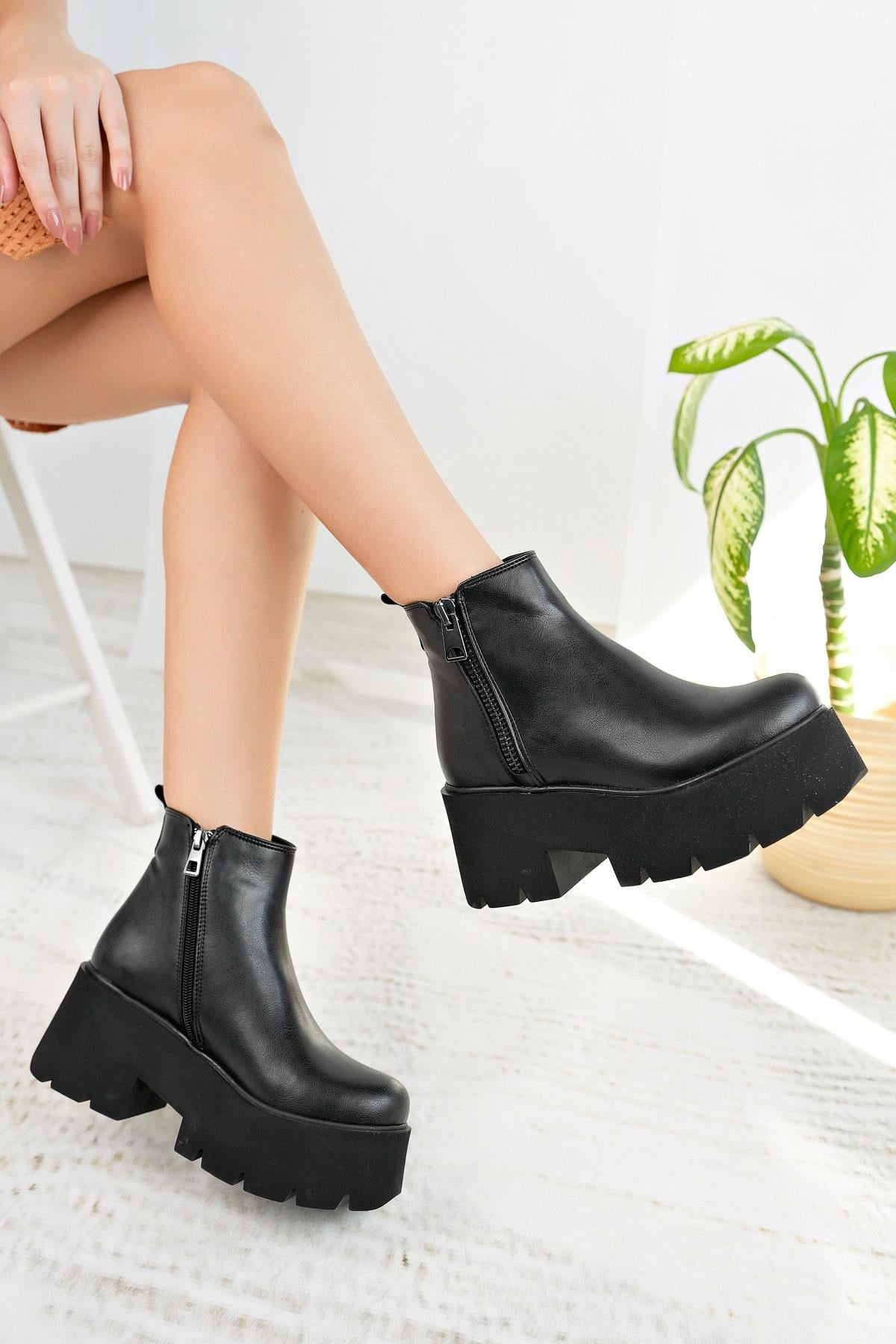Nesil Shoes Carel 601 Siyah Platform Kadın Bot