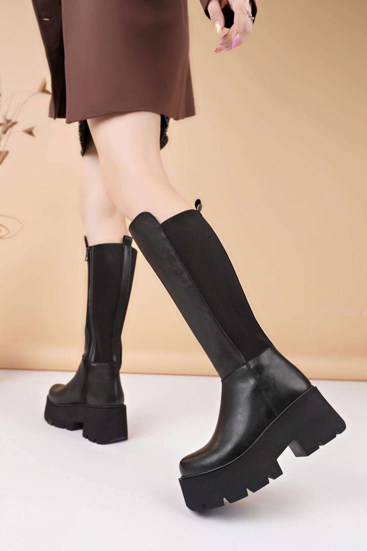 Nesil Shoes Carel 607 Siyah Strech Platform Kadın Çizme