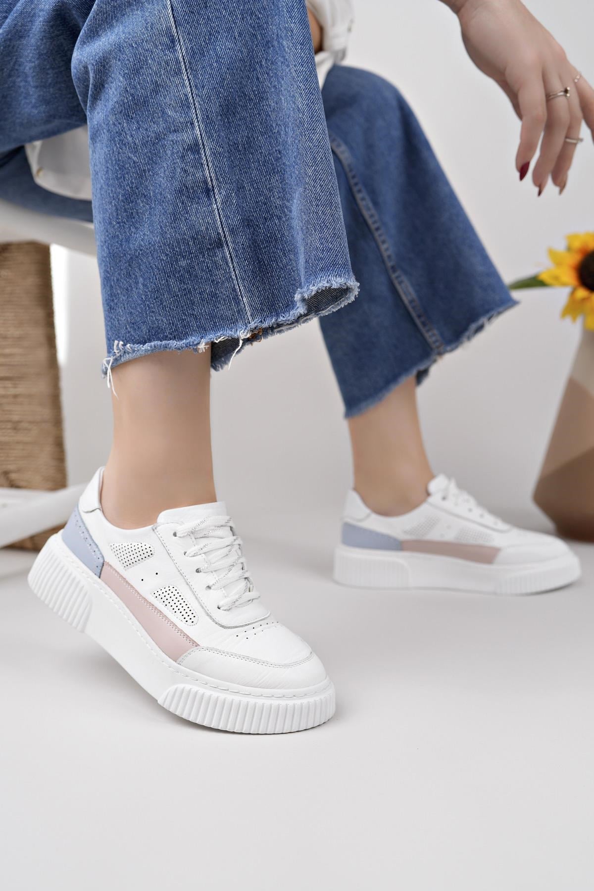 Nesil Shoes Comfo 100 Beyaz Pembe Hakiki Soft Deri Kadın Sneakers