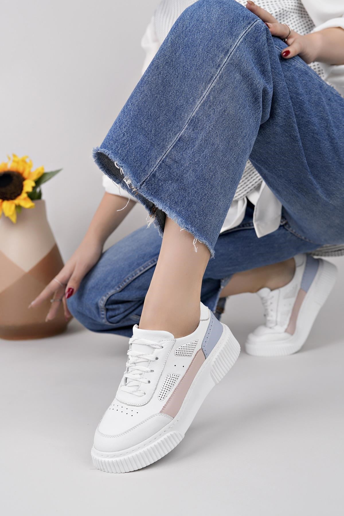Nesil Shoes Comfo 100 Beyaz Pembe Hakiki Soft Deri Kadın Sneakers
