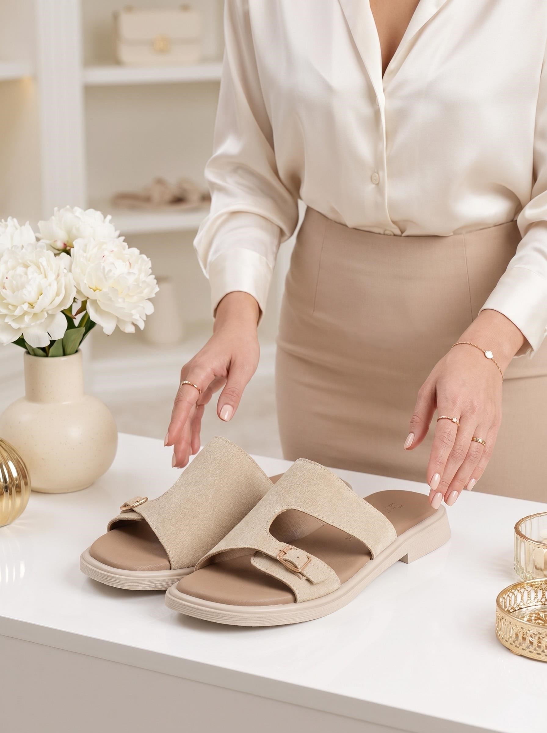 Nesil Shoes Dvm 210 Bej Süet Tokalı Kadın Terlik