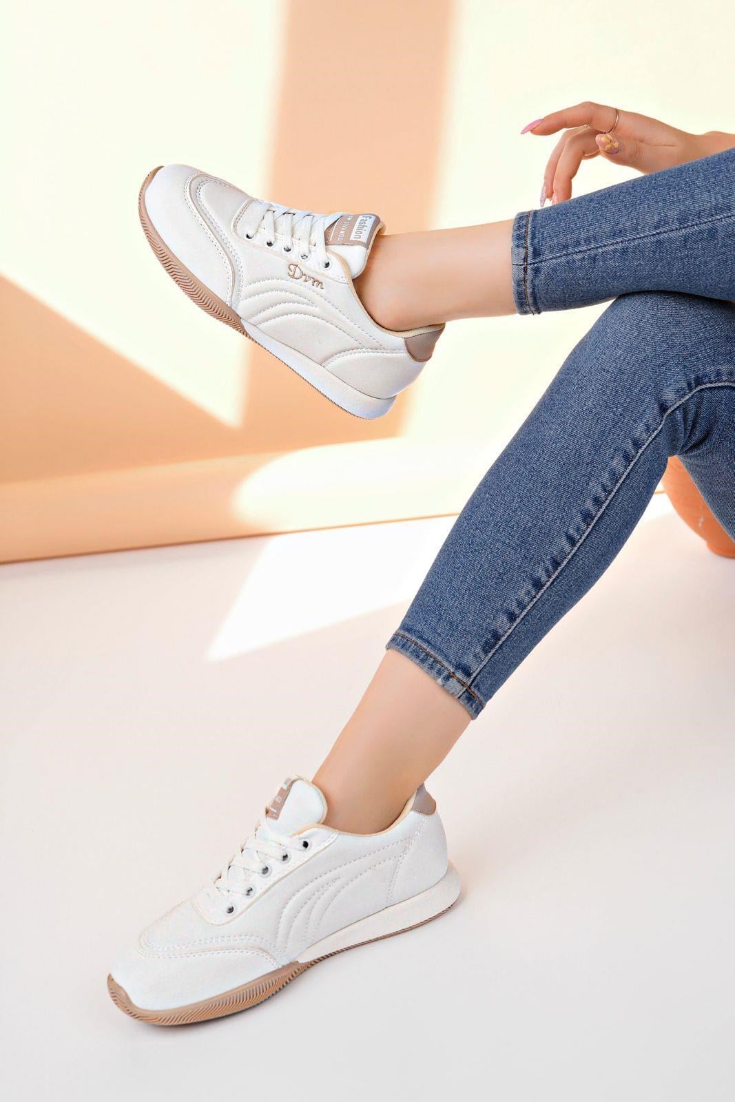 Nesil Shoes Dvm 5600 Beyaz Kahve Memory Foam Kadın Sneakers